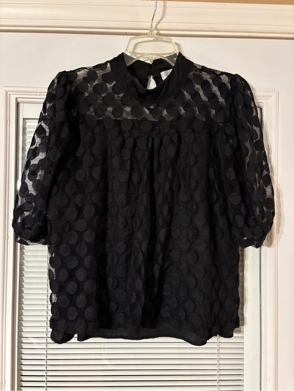 Semi-Sheer Black Dot Mesh Puff-Sleeve Blouse